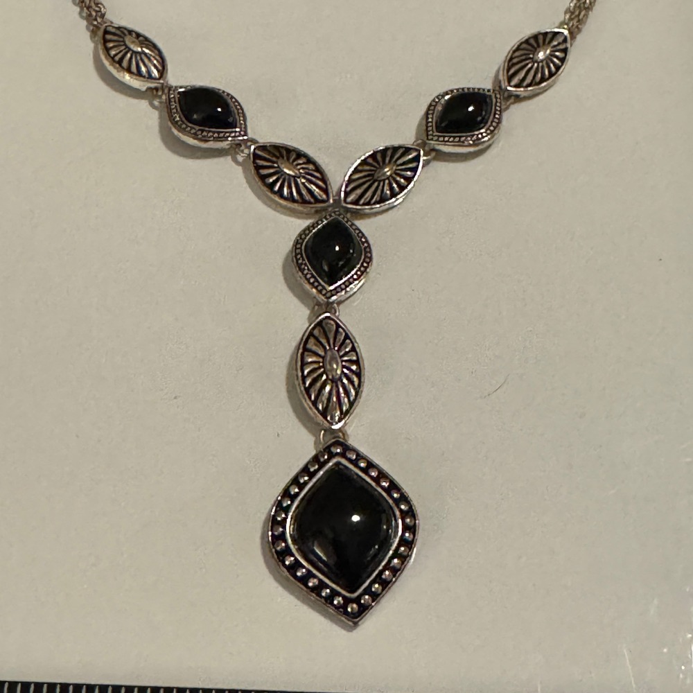 Silver Tone Black Stone Marquise Eye Shape Dangle Y Necklace Womens Jewelry‎